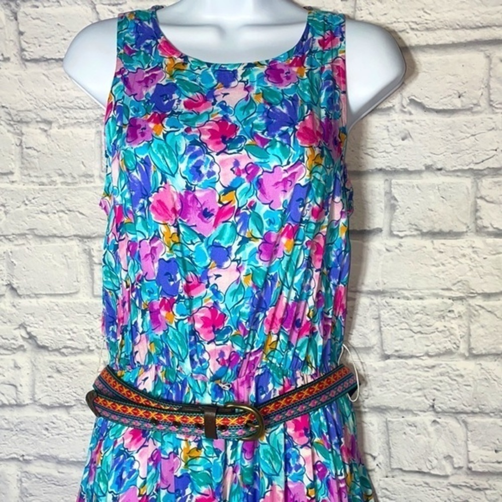Vintage My Michelle Spring Floral Watercolor Pastel Dress Boho Embroidered Belt - Picture 3 of 16